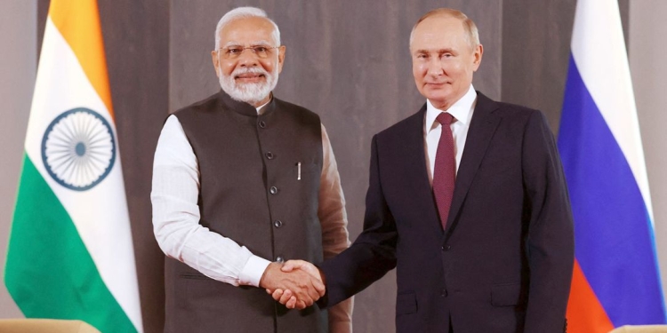 Vladimir Putin meets with Narendra Modi at the Shanghai Cooperation Organisation (SCO) leaders' summit in Samarkand, Uzbekistan, on Sept. 16, 2022.