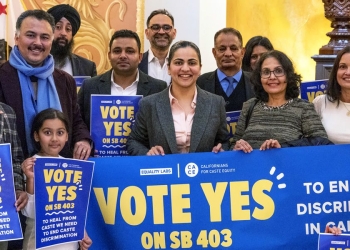 Aisha Wahab, center, with supporters following a news conference where she proposed SB 403, in Sacramento, Calif., on March 22, 2023.