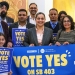 Aisha Wahab, center, with supporters following a news conference where she proposed SB 403, in Sacramento, Calif., on March 22, 2023.