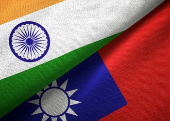 Taiwan and India flags together textile cloth, fabric texture