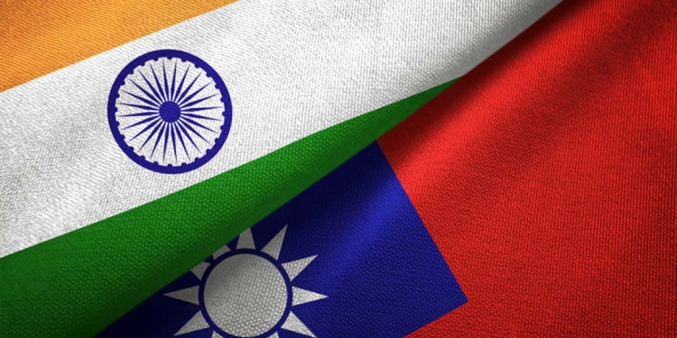 Taiwan and India flags together textile cloth, fabric texture